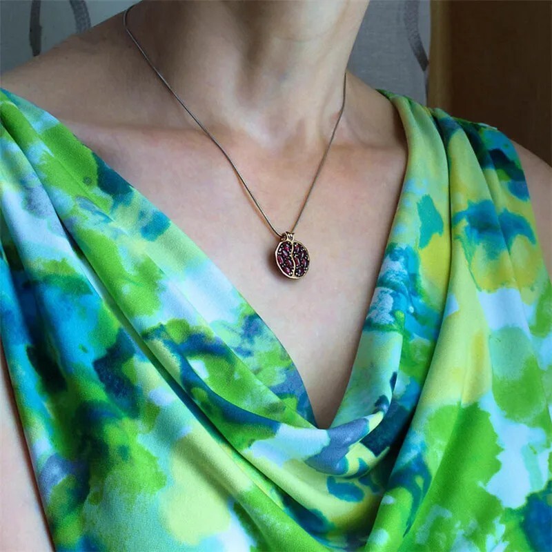 Gold Pomegranate Pendant Necklace Garnet Gemstone Fruit Jewelry Gift