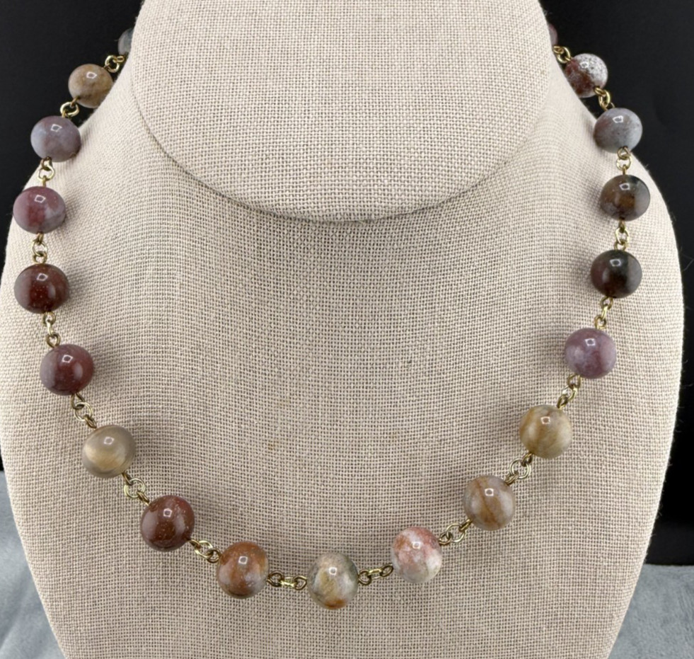 Stone Beaded Necklace Brown Pink Polished Gold Tone 16″