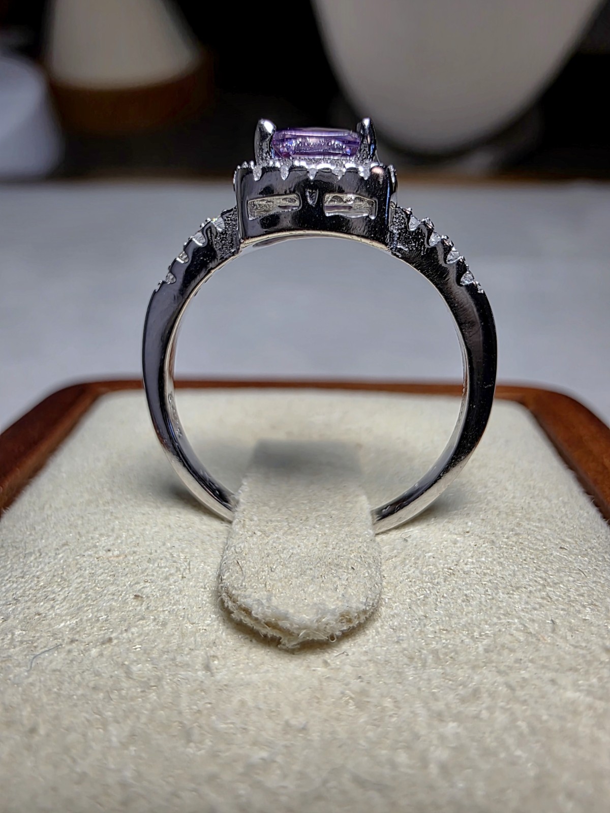 S6 Cushion Purple Amethyst Halo Moissanite Ring 925 Sterling Silver