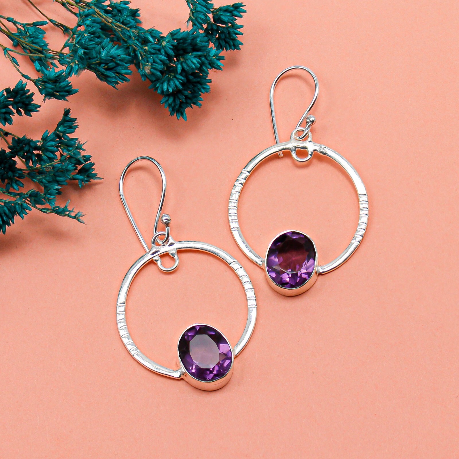 African Amethyst Gemstone Sterling Silver Jewelry Handmade Earrings Gift 1.37”