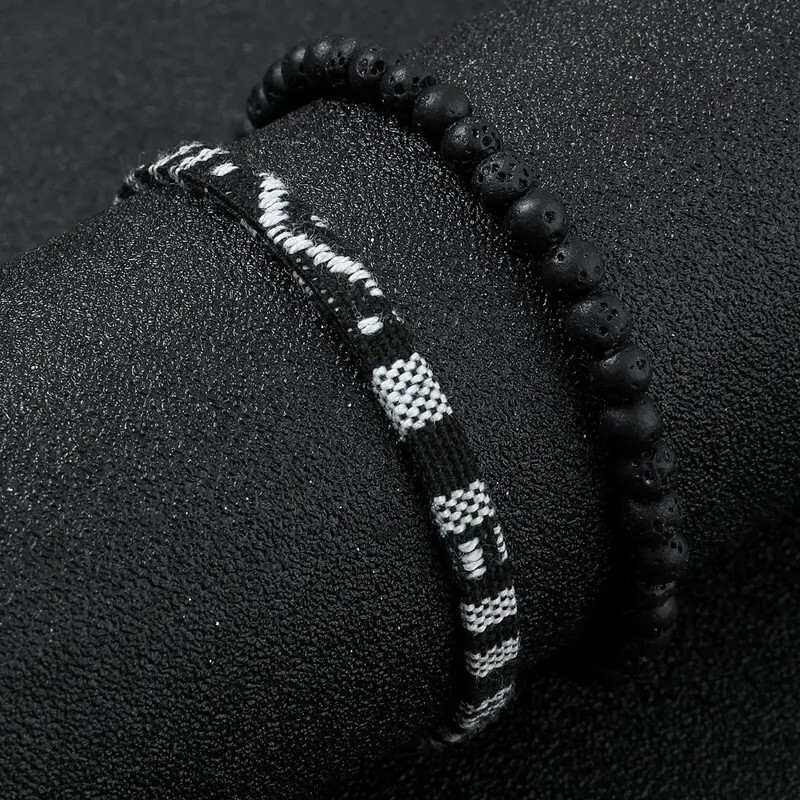 2pcs Handmade Natural Lava Rock Stone Surfer Rope Braided Bracelet Boho Gift