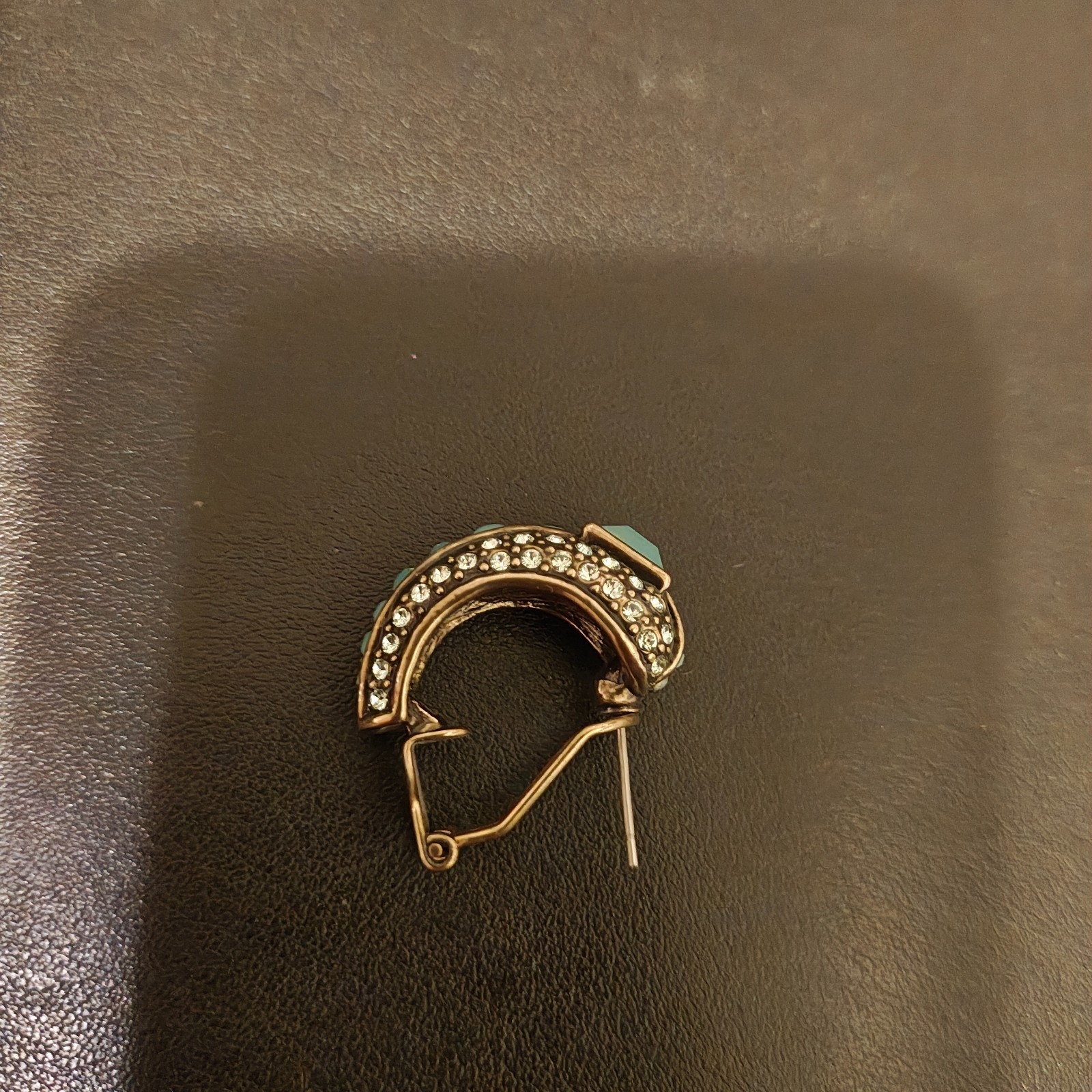 Heidi Daus Signed Bronze Art Deco Hoop Earrings Faux Turquoise Crystal Pair