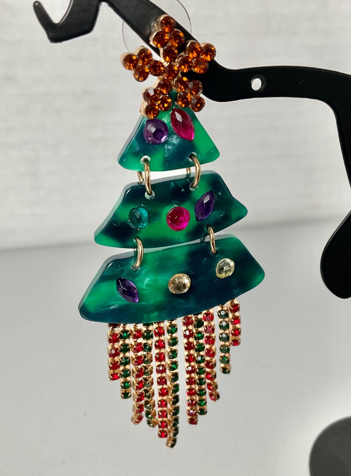 NOIR Funky Statement Christmas Tree Dangle Earrings Acrylic & Rhinestones