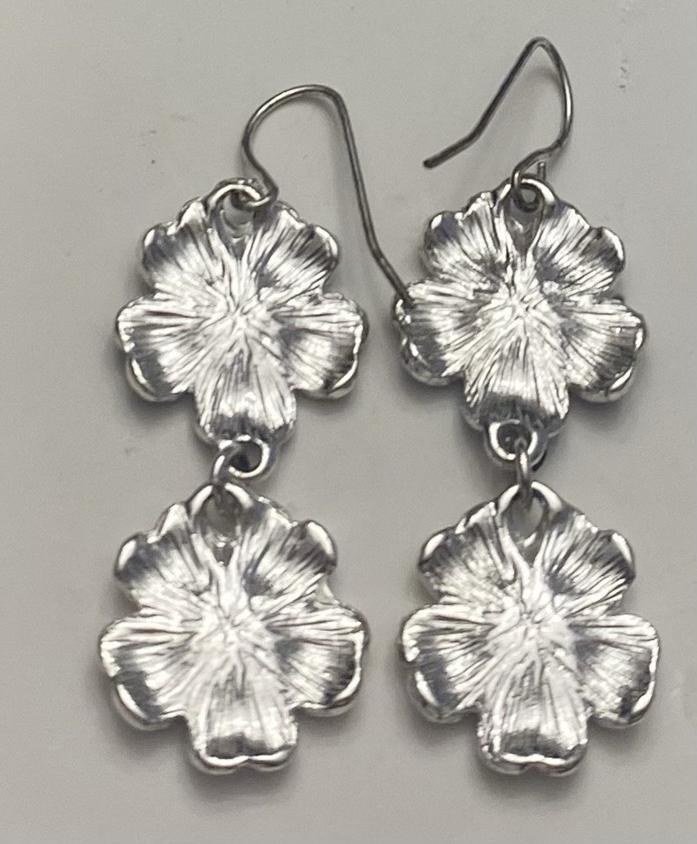 Classic Black & White Silver Tone 1 7/8” Dangle Flower Earrings Sparkle Stones