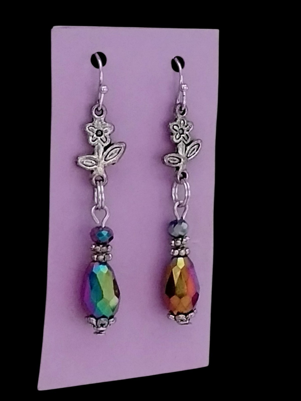 Handcrafted IRRIDESCENT BEADS SILVERTONE FLOWERS Double-Sided Dangle Earrings