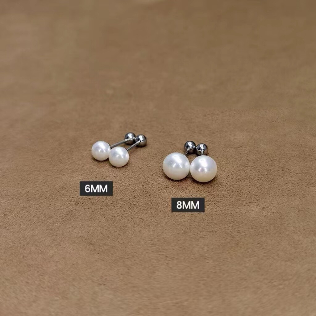 Womens Girls Surgical Steel Silver Round White Pearl Stud Earrings Screw Back