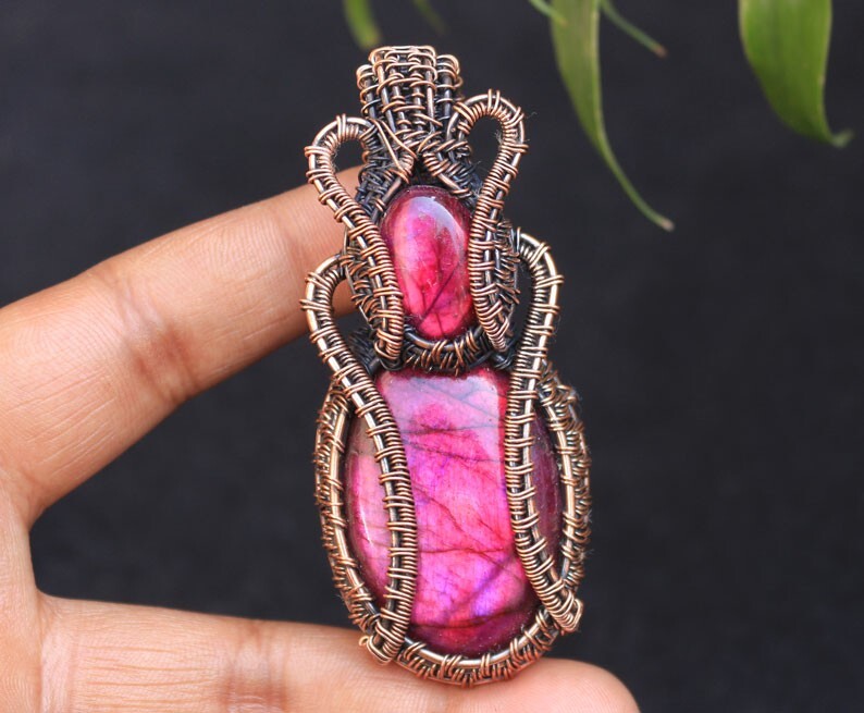 Pink Fire Labradorite Copper Wire Wrap Pendant Jewelry Birth Gift Pendant N8
