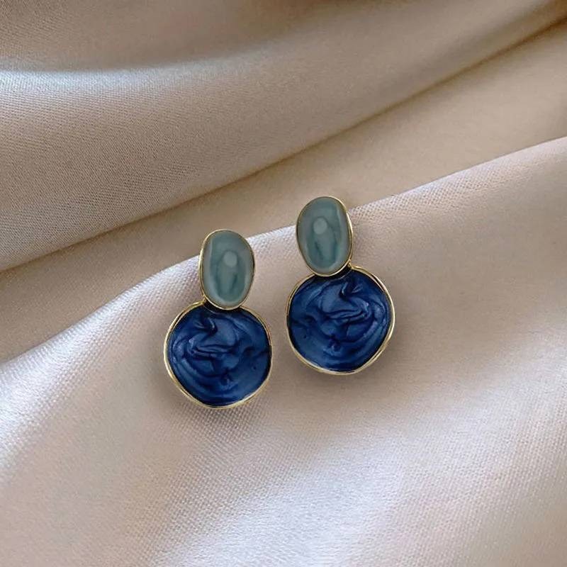 Enamel Drop Earrings Blue Gold Geometric Marbled Retro Chic Drop Boho Abstract