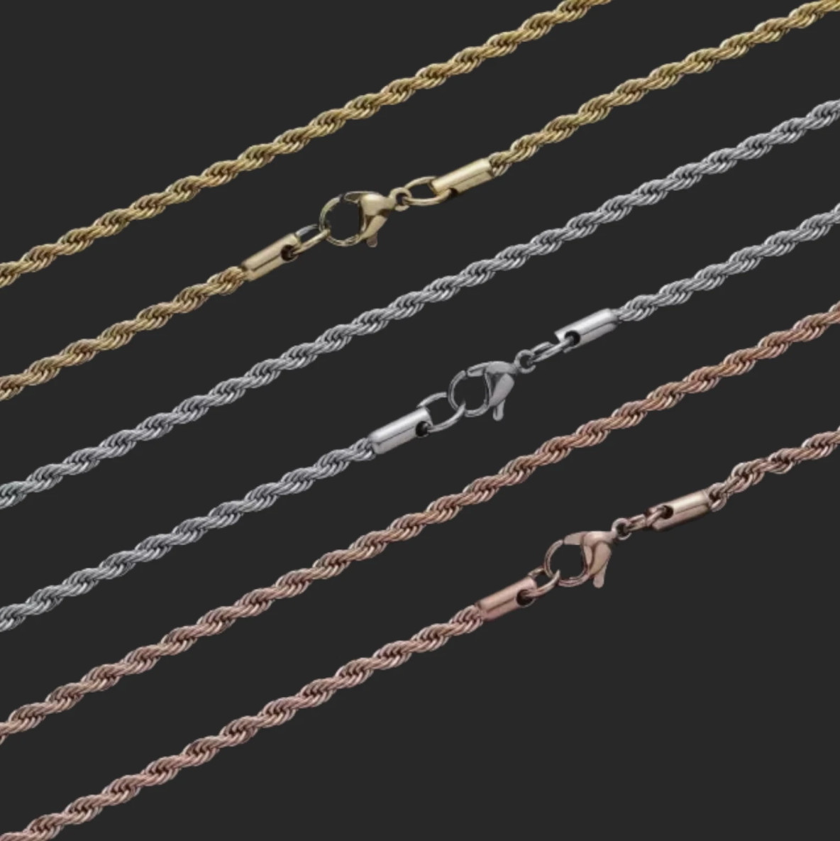 Stainless Steel Silver Plated Rope Chain 3mm Hip Hop Jewelry Unisex, Women, Men