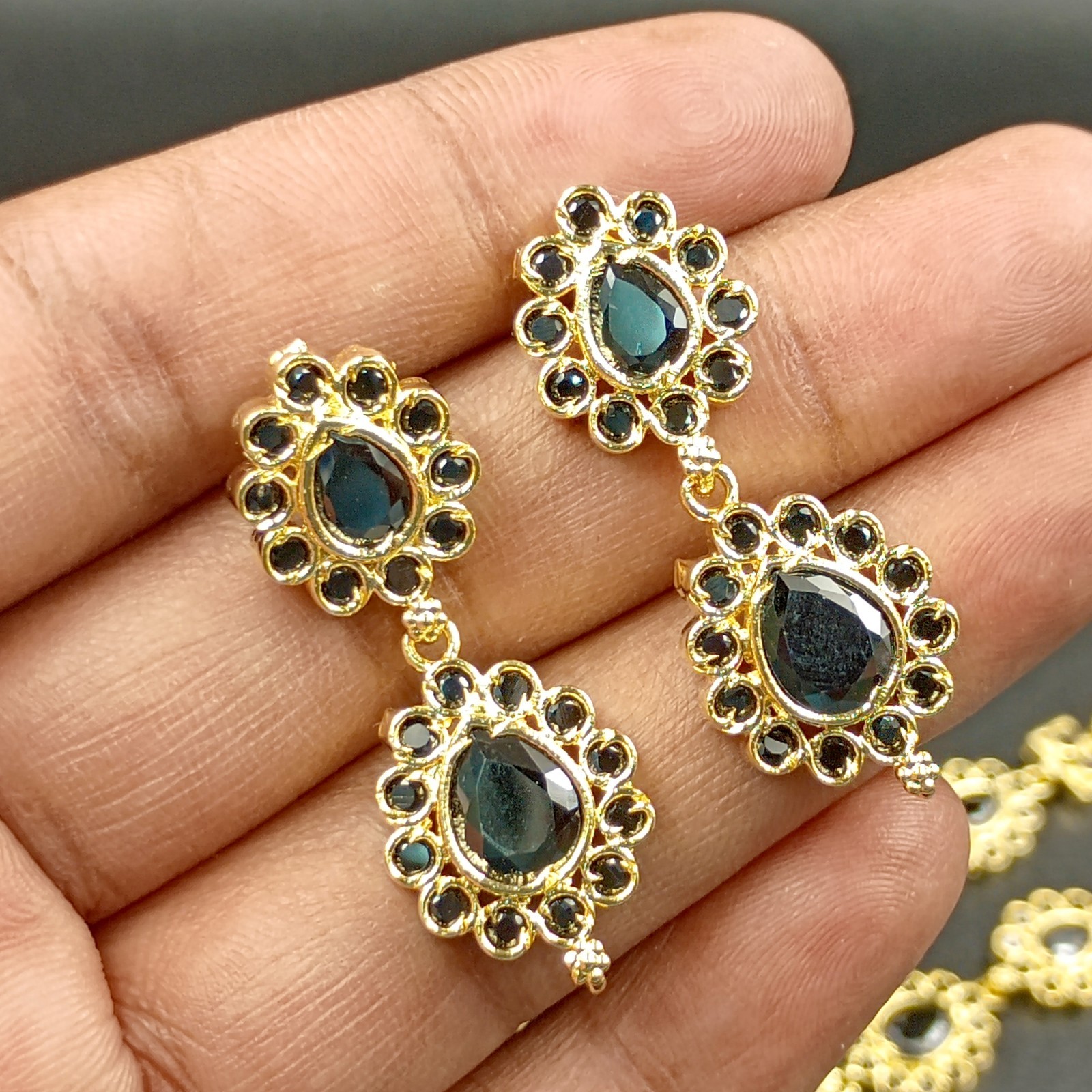 Boho 2 Layer Black Onyx Bead Necklace Set 22K Yellow Gold Plated Oval Stone Set