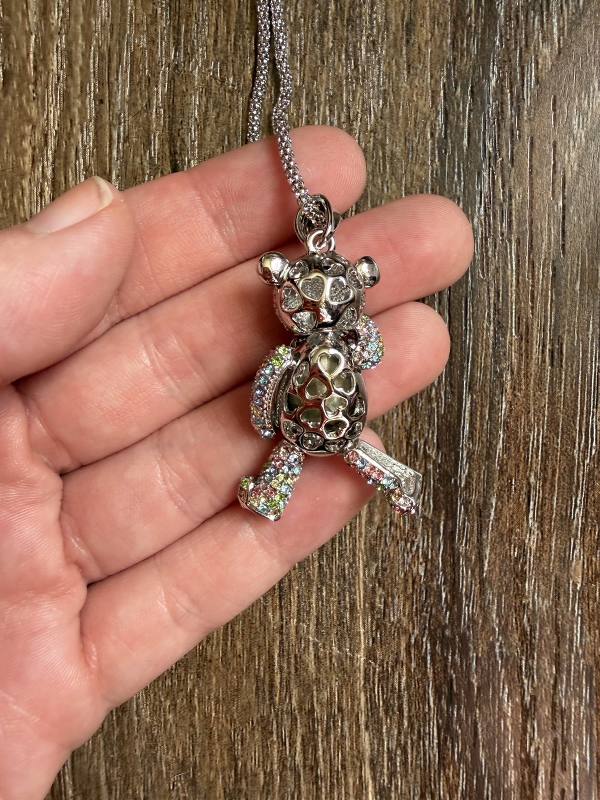 Silver Tone Teddy Bear Charm Pendant Necklace Simulated Crystal Rhinestone