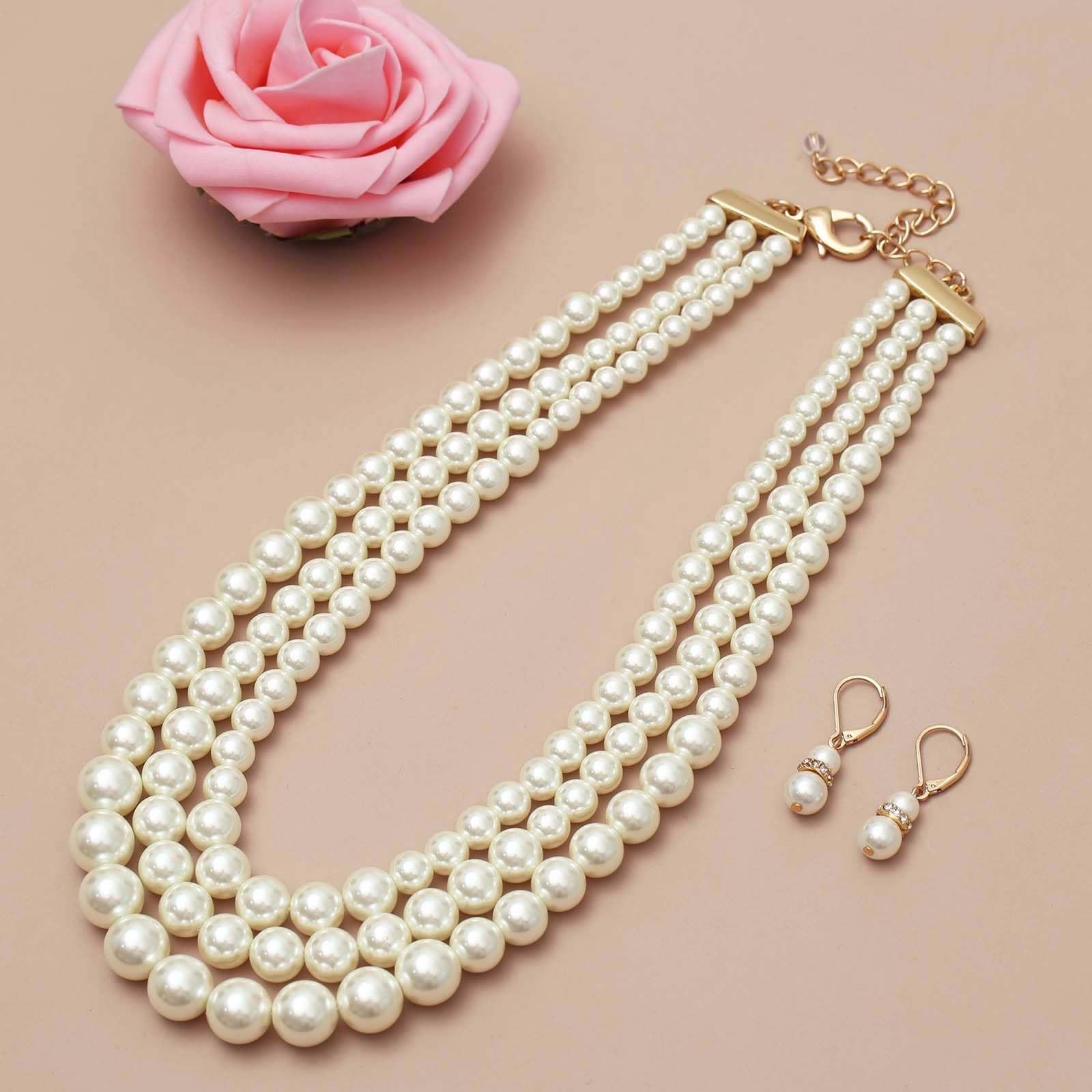 Layered Twisted Gold Pearl Choker Necklace & Earring Set – Chunky Statement Jewe