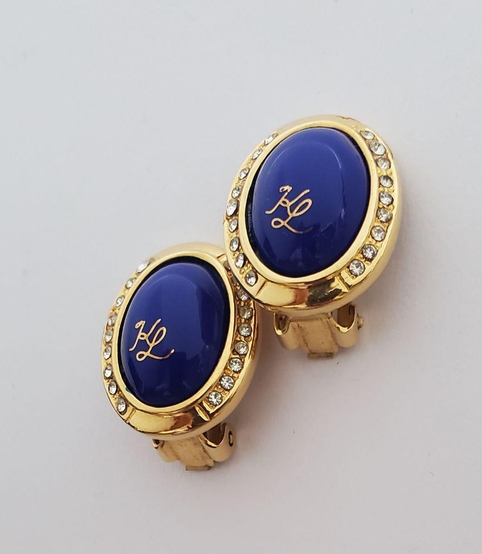 Vintage Karl Lagerfeld Blue Cabochon cut Gold Tone Oval Clip-On Earrings