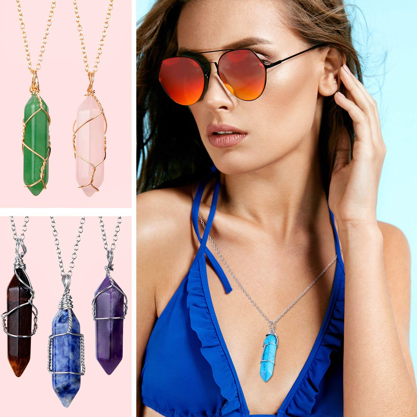 10 Pcs Hexagonal Crystal Pendant Necklace Full Wire Wrap Gemstone Necklace