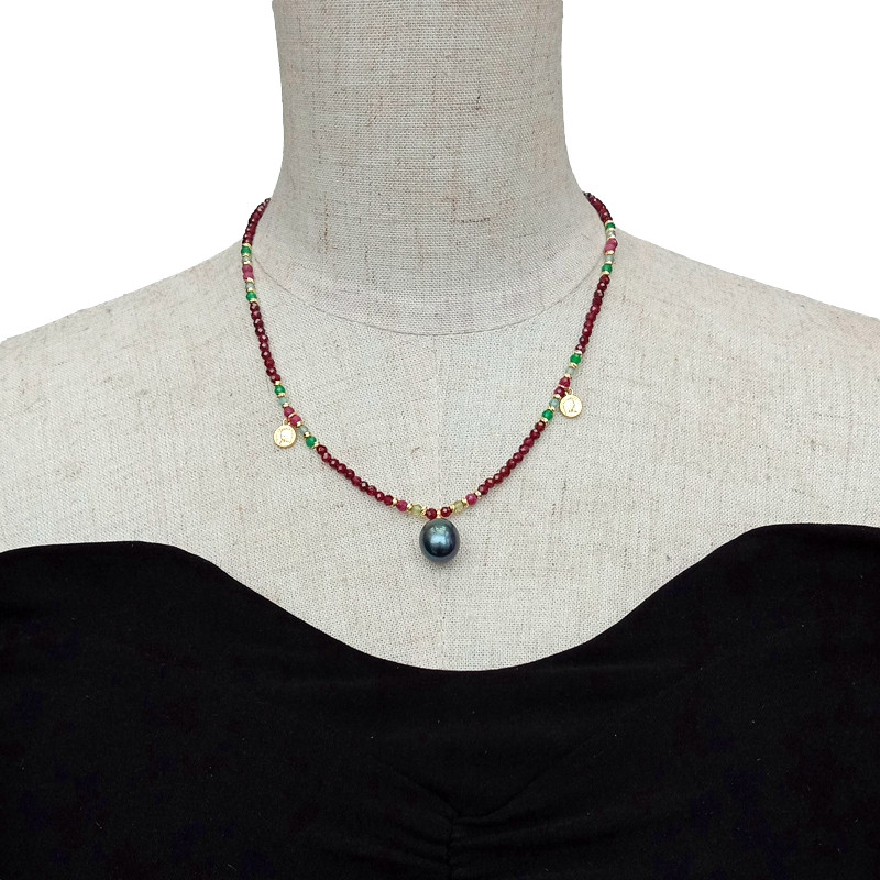 Garnet Agate Ruby Pearl Charm Necklace 3mm Gemstone Cultured Black Pearl Pendant