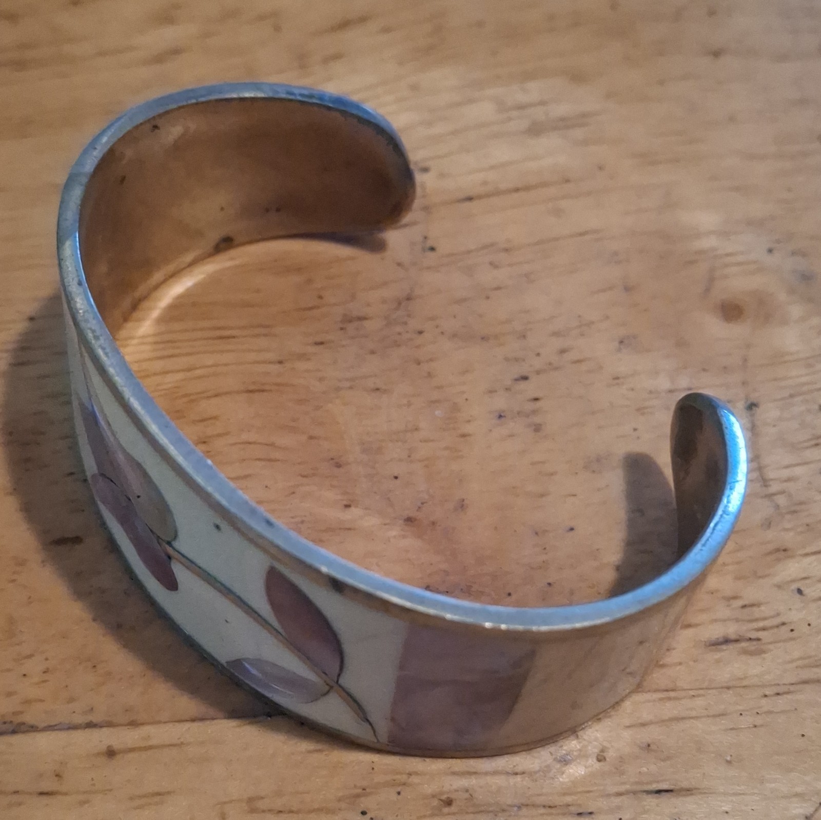 W. L. Co. Signed Adjustable Floral Inlay Cuff Bracelet Silver Tone Ivory Purple