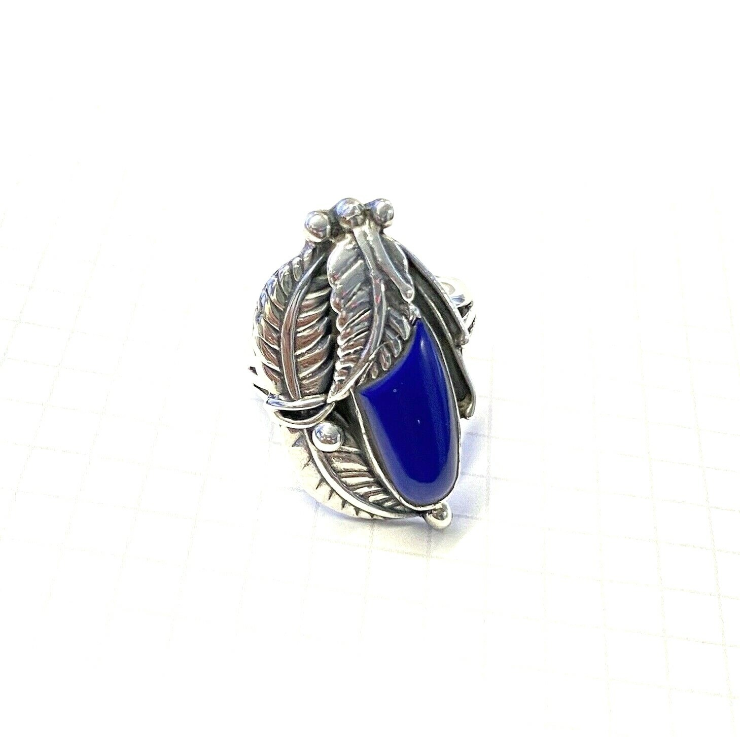(SIZE 5,6,8,9) LAPIS LAZULI Stone RING Carved Feathers 925 STERLING SILVER