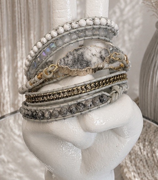 Plumiss Boho Wrap Druzy Bracelet 35” Layered White And Gray Mixed Beads