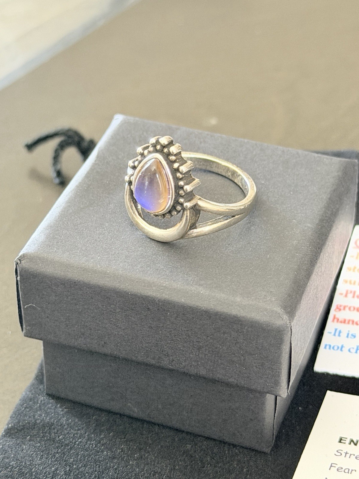 Sterling Silver Moon Teardrop Stone Mood Ring + Color Chart + Gift Box Size 6.5