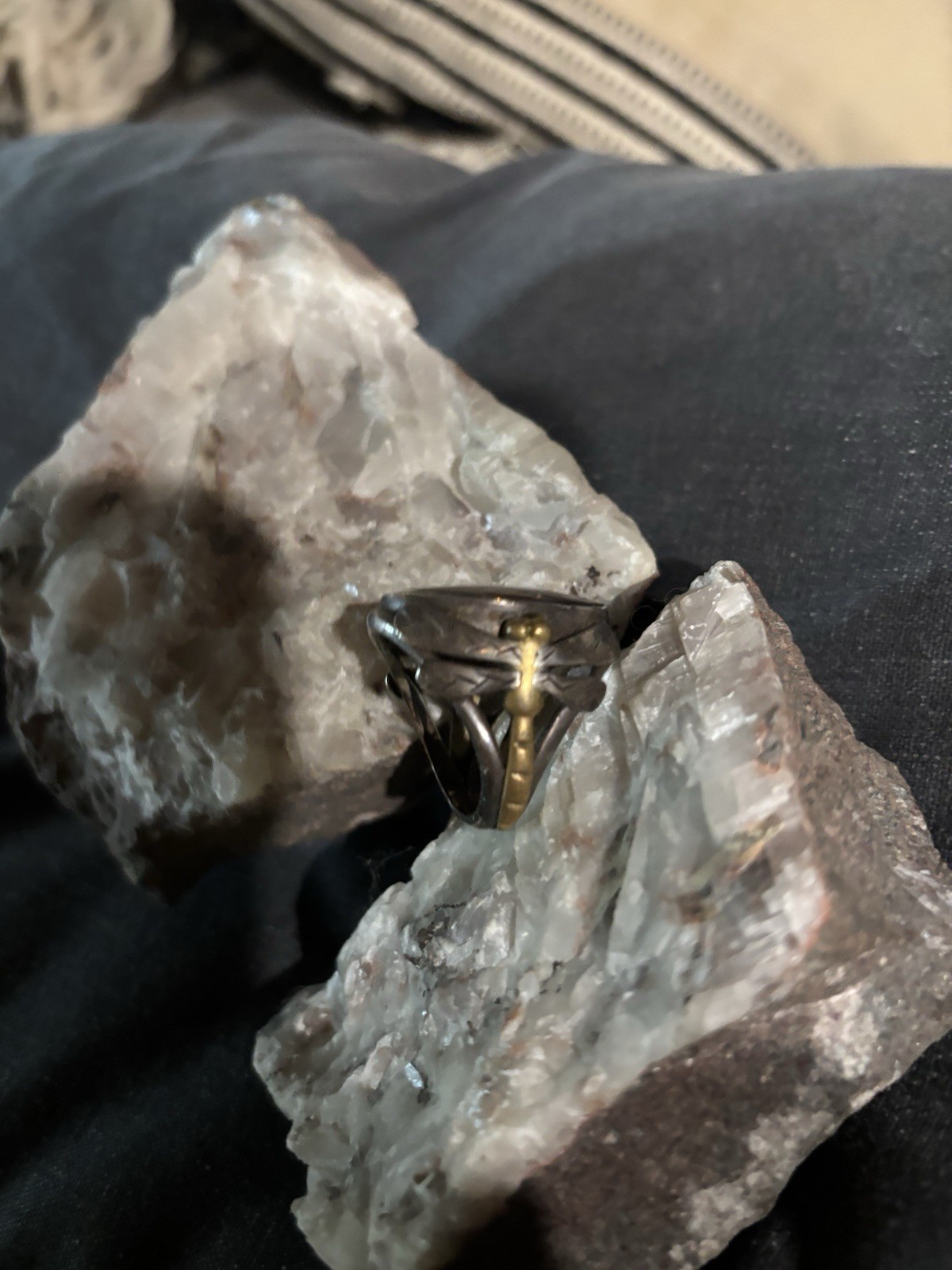 Oval Agate Bezel Cocktail Statement Ring 900 Silver Two-Tone Leaf Band Sz 9