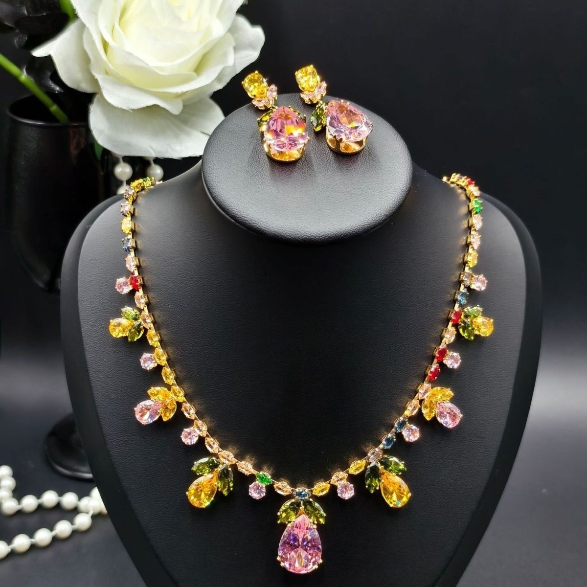 Multicolor Crystal Statement Necklace&Earrings Set Gold-Tone Floral Teardrop New