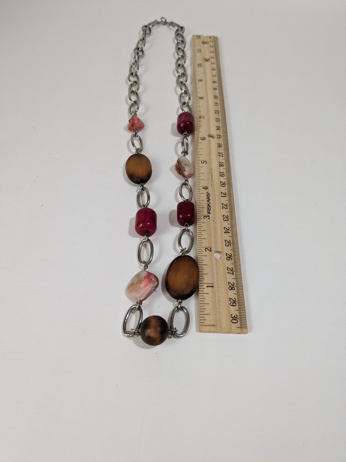 Multicolor Agate, Shell And Wood Beads Silver Tone BOHO Necklace. Unique. 28″.