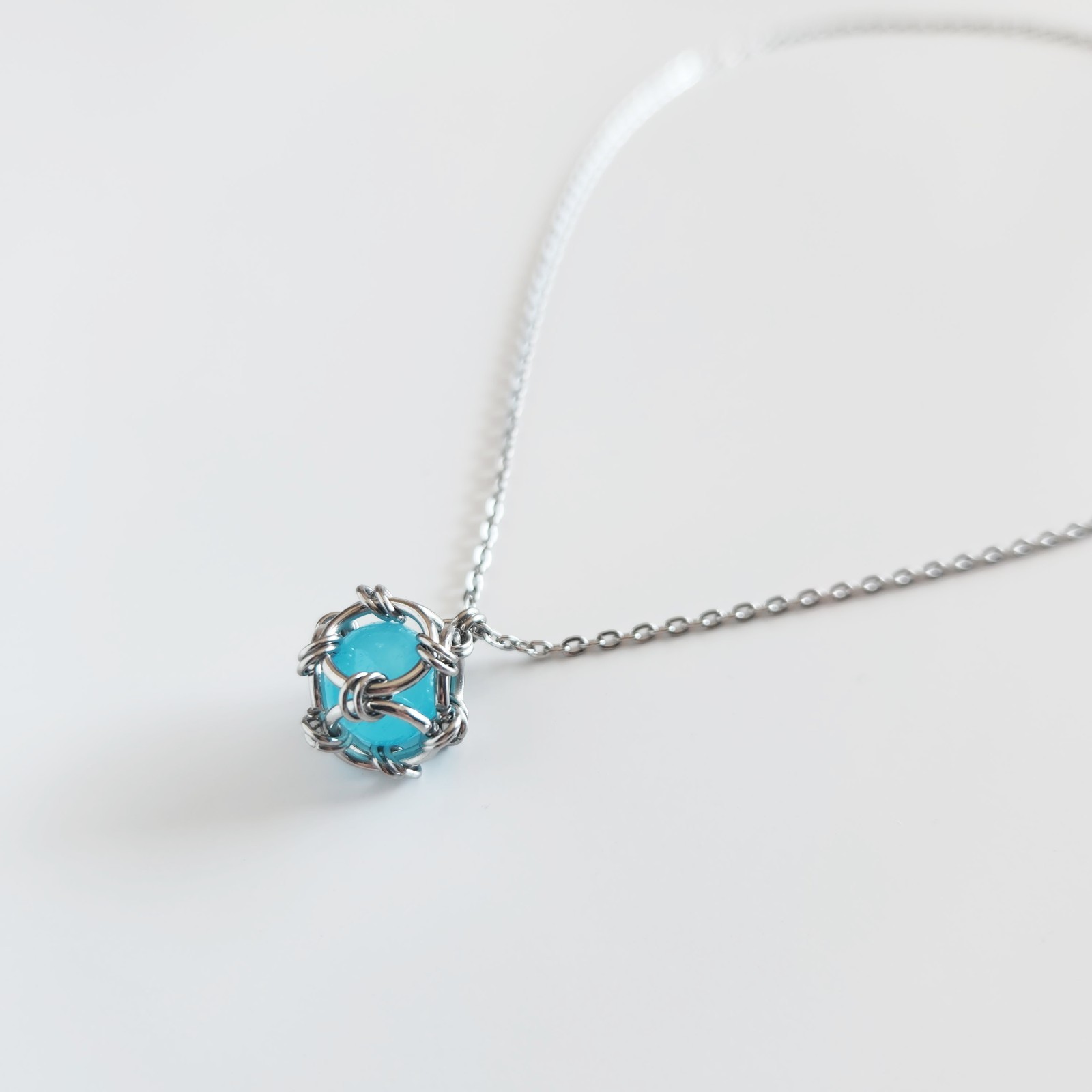Aqua blue and silver necklace made of stainless steel for women