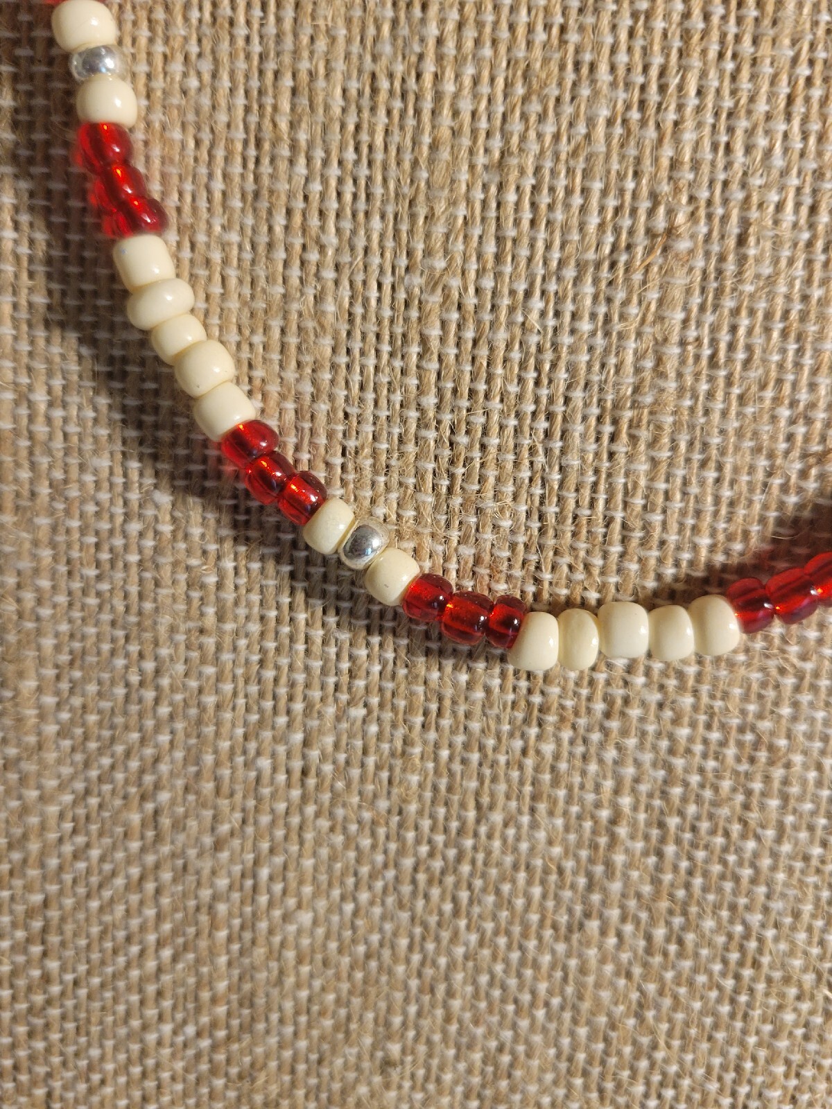 Cream, Silver, & Red Surfer Beaded Handmade Boho Choker Necklace Hippie Beads