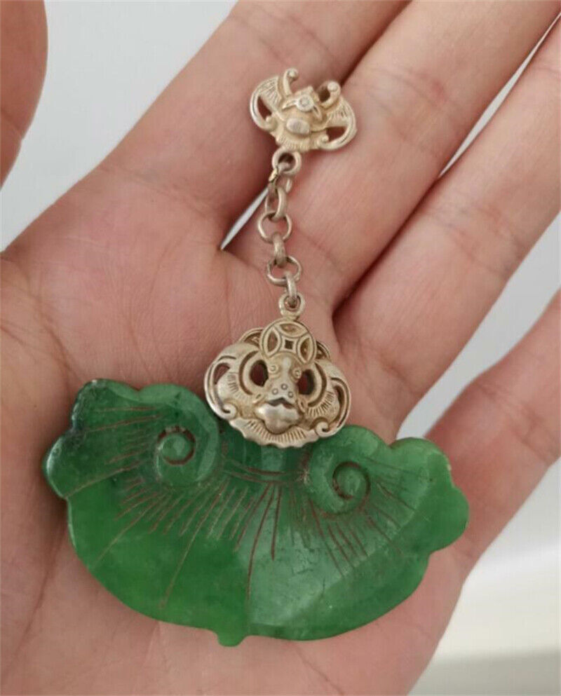 Chinese Antique Tibetan Silver Inlaid Natural Jade Earrings Lucky Jewelry Gifts