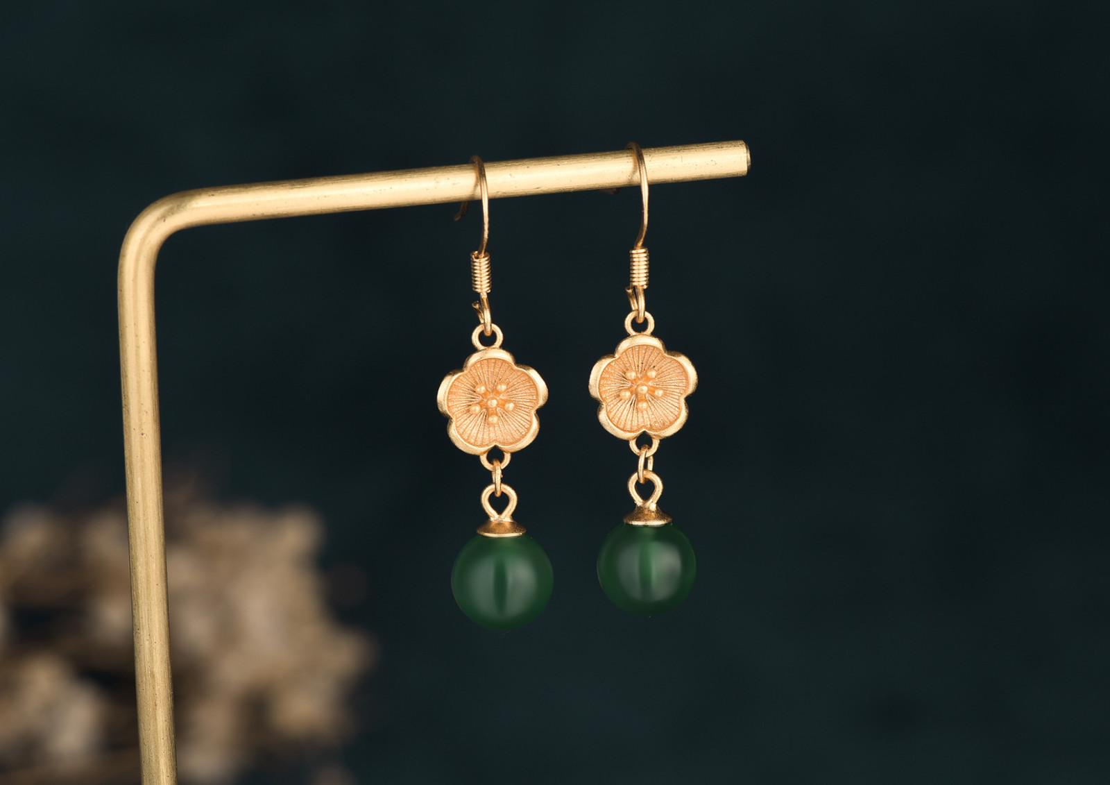 Jade Drop Dangle Earrings Flower Gemstone Boho Minimalist Hook 18K Gold Plated