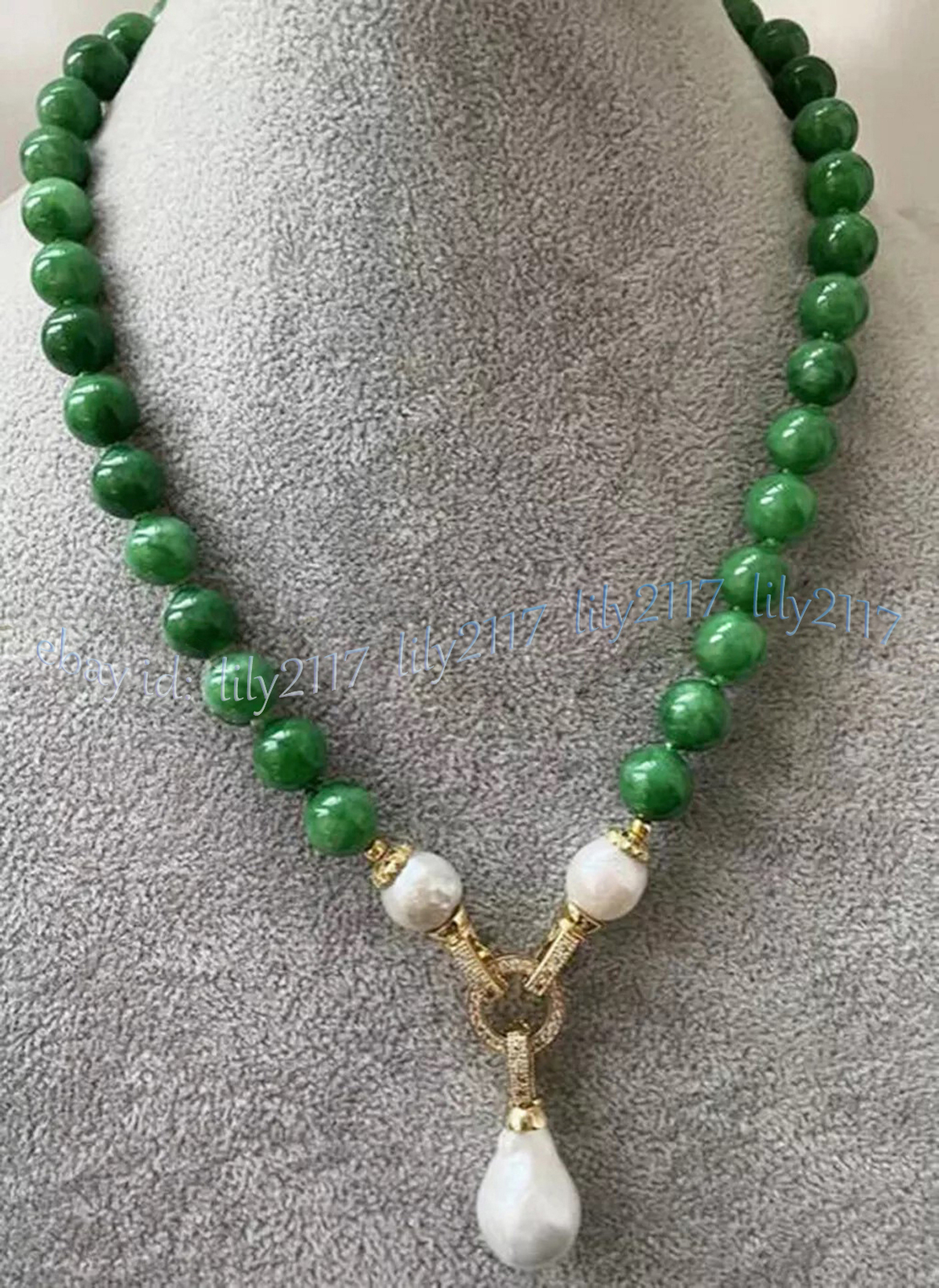 Natural Green Jade Round Gems Beads White Baroque Keshi Pearl Pendant Necklace