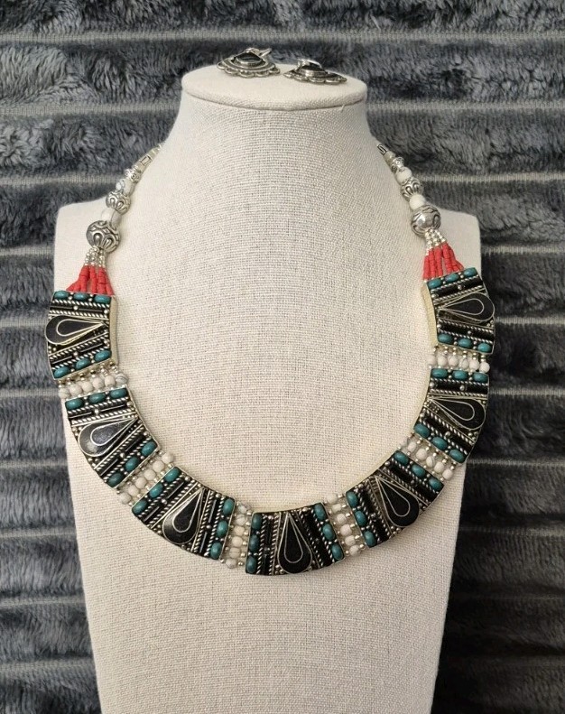Nepal Tibetan Turquoise Ethnic Coral Turquoise Agate Handmade Necklace & Earring