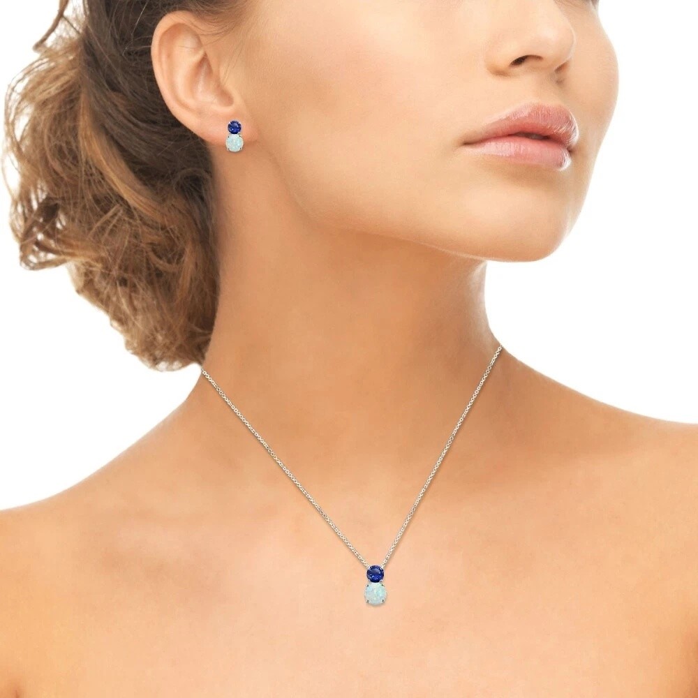 Round Created Blue Sapphire & Simulated Opal Earrings & Necklace Set in Silver