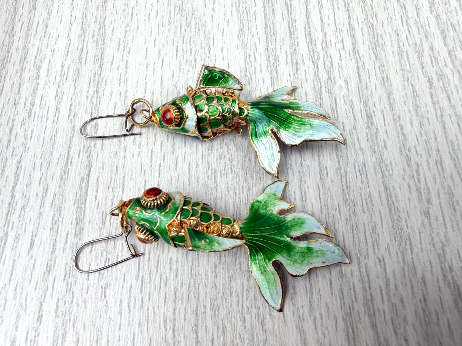 Cloisonne Guilloche Enamel Articulated Fish Green Blue Gold Red Eyes Earrings