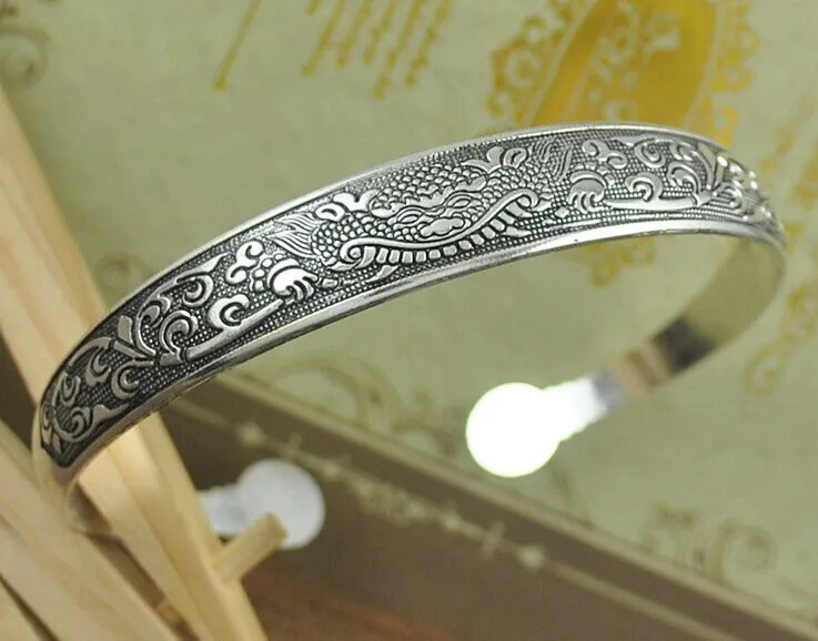 Classi Cuff Bracelet Tibetan Silver Plated Carved Flower Animal Opening Bangle