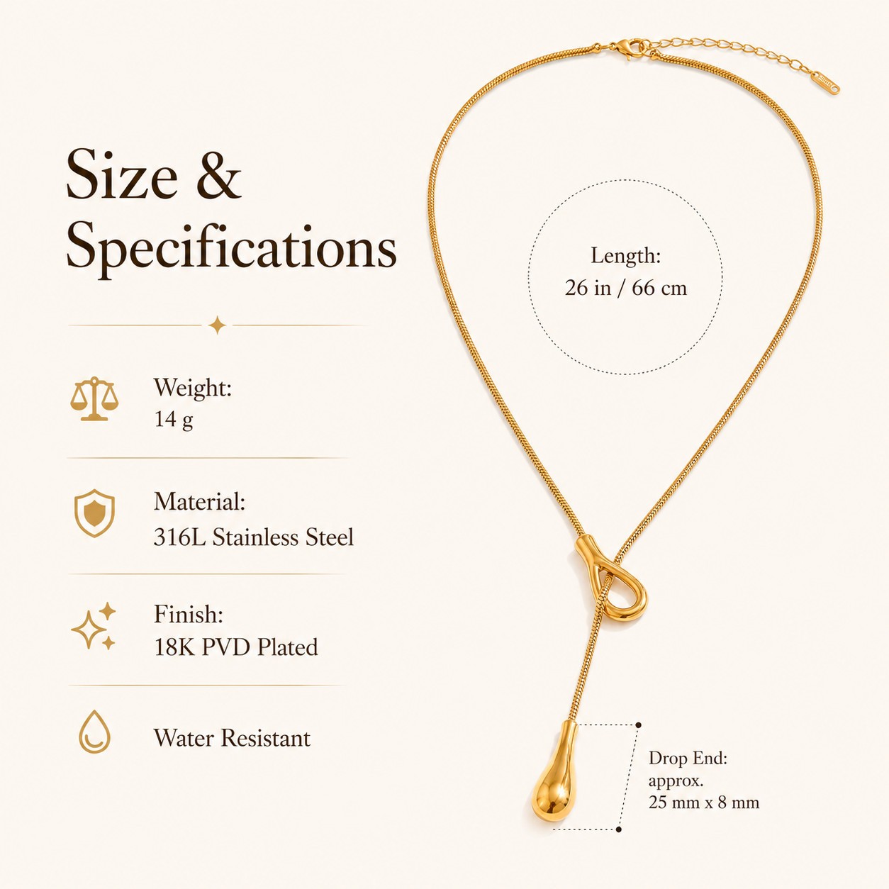 Gold Silver Y Drop Lariat Necklace 316L Stainless Steel Fashion Jewelry