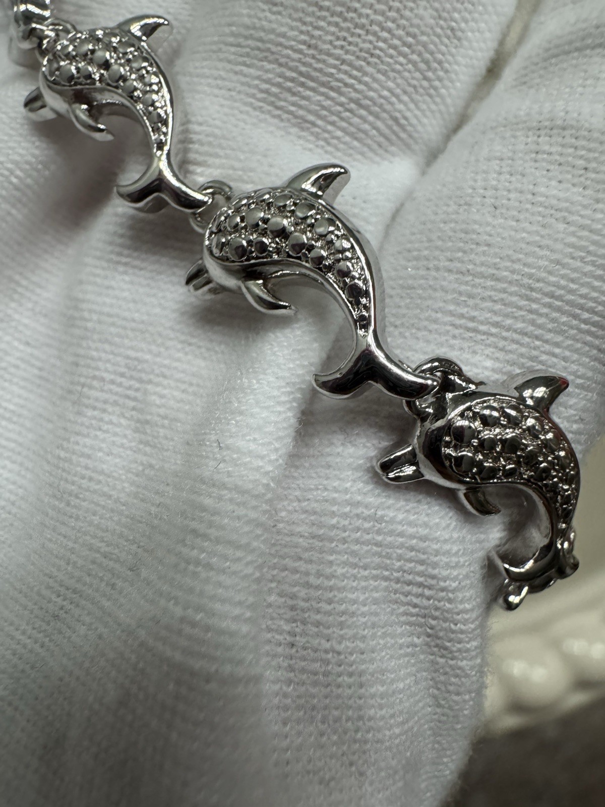 Vintage Silver Plated Dolphin bracelet with Genuine Diamond Accents 7.5 Inch