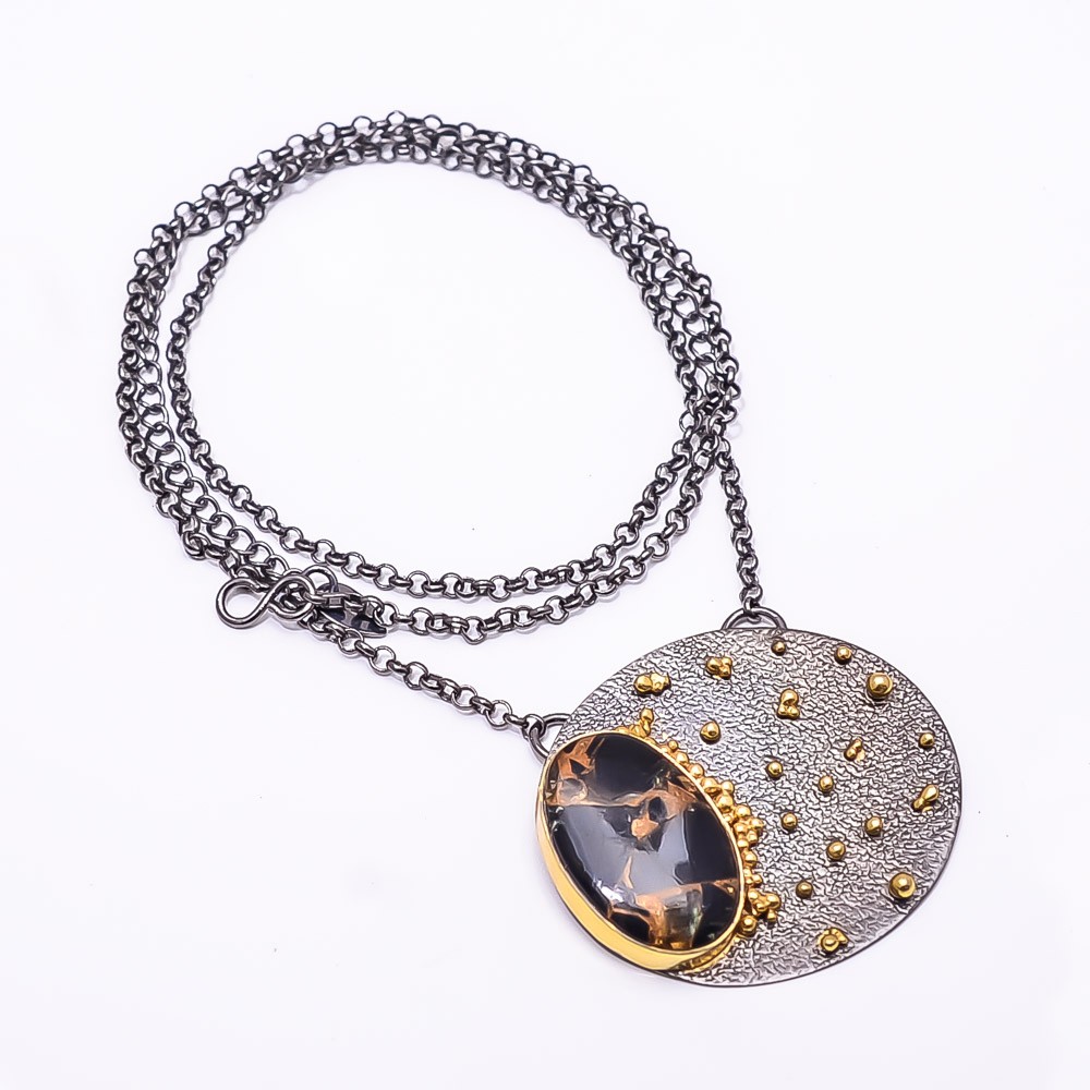 Copper Black Obsidian Black And Gold Rhodium 925 Silver Necklace 19.99″ N12