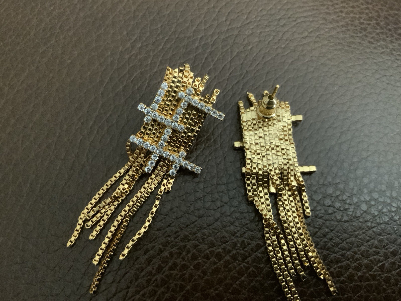 Goddess Gold Earrings Solanales Stud Chain Tassel Fringe Crystal CZ Art Deco VTG