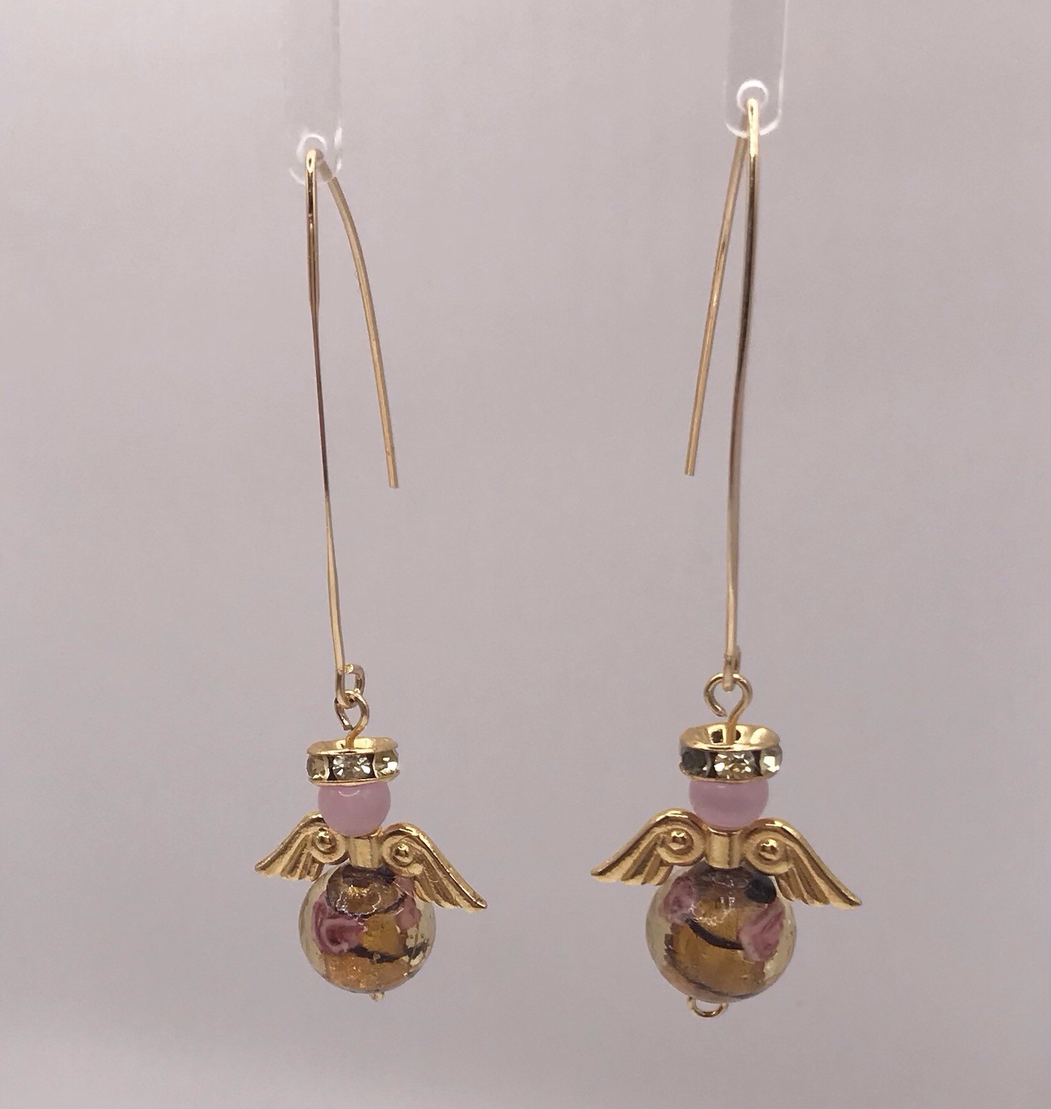 Handmade w/Angel Earrings Pink Cats Eye Murano Gold Round Bead Wings