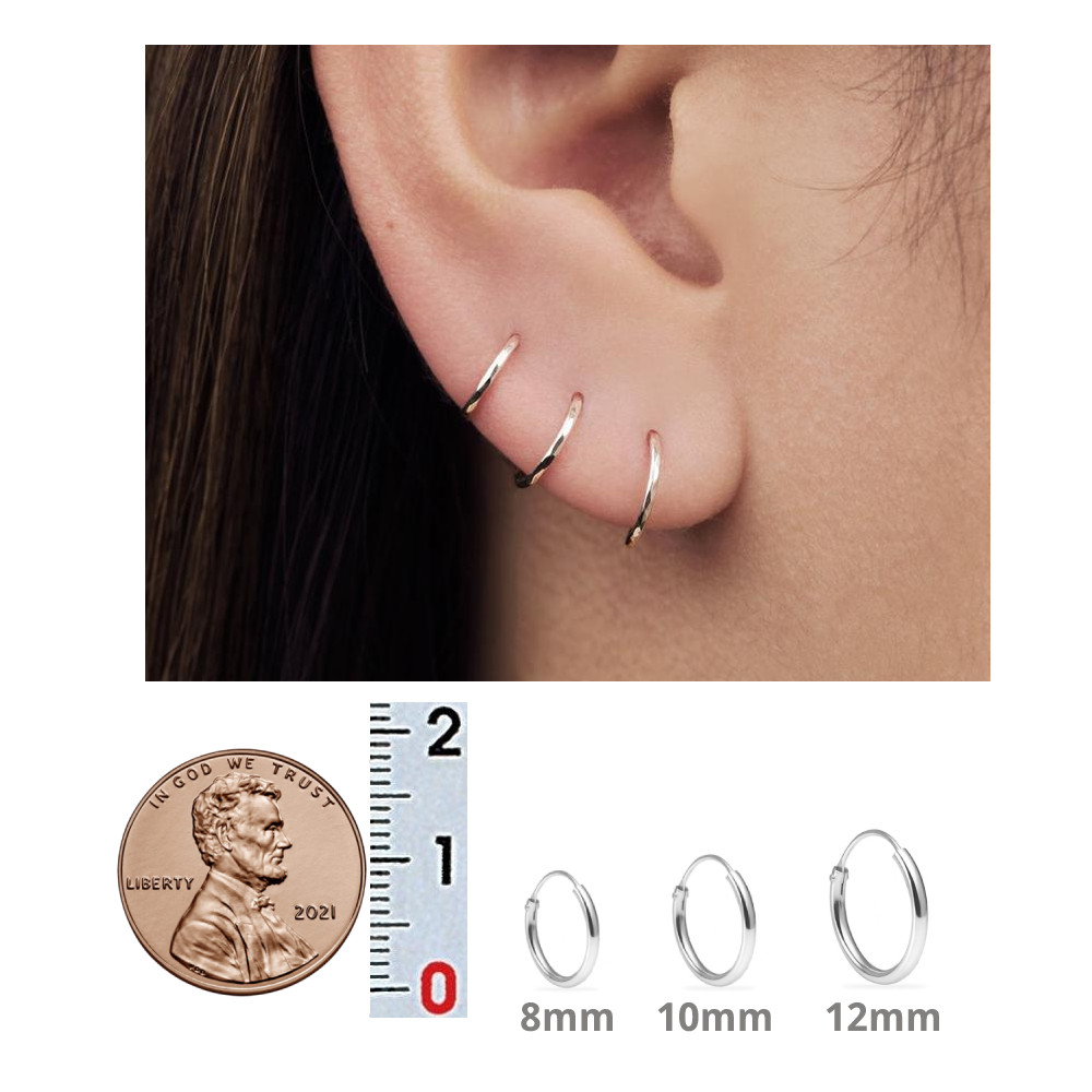 Adorable Plain Mini Hoop Earrings 3 Pairs Set 8mm 10mm 12mm Sterling Silver 925