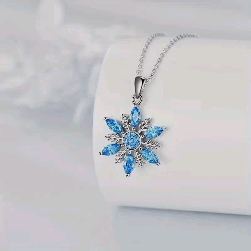 Blue Snowflake Pendant Necklace Fashion Jewelry Holiday Party Silver Toned New