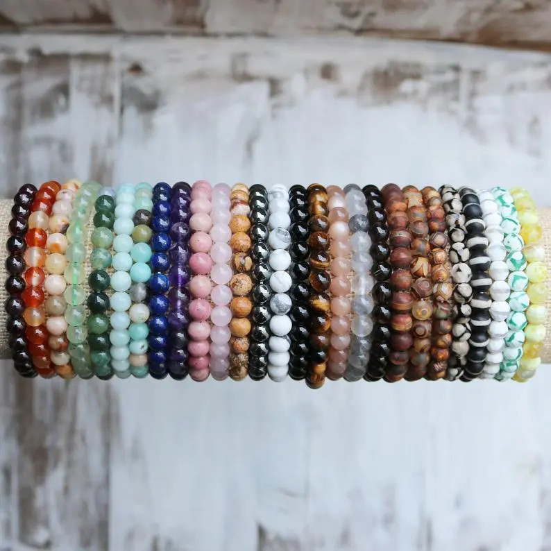 Handmade 15Pcs Mixed Natural Gemstone Round Beads Stretchy Bracelet Reiki Chakra
