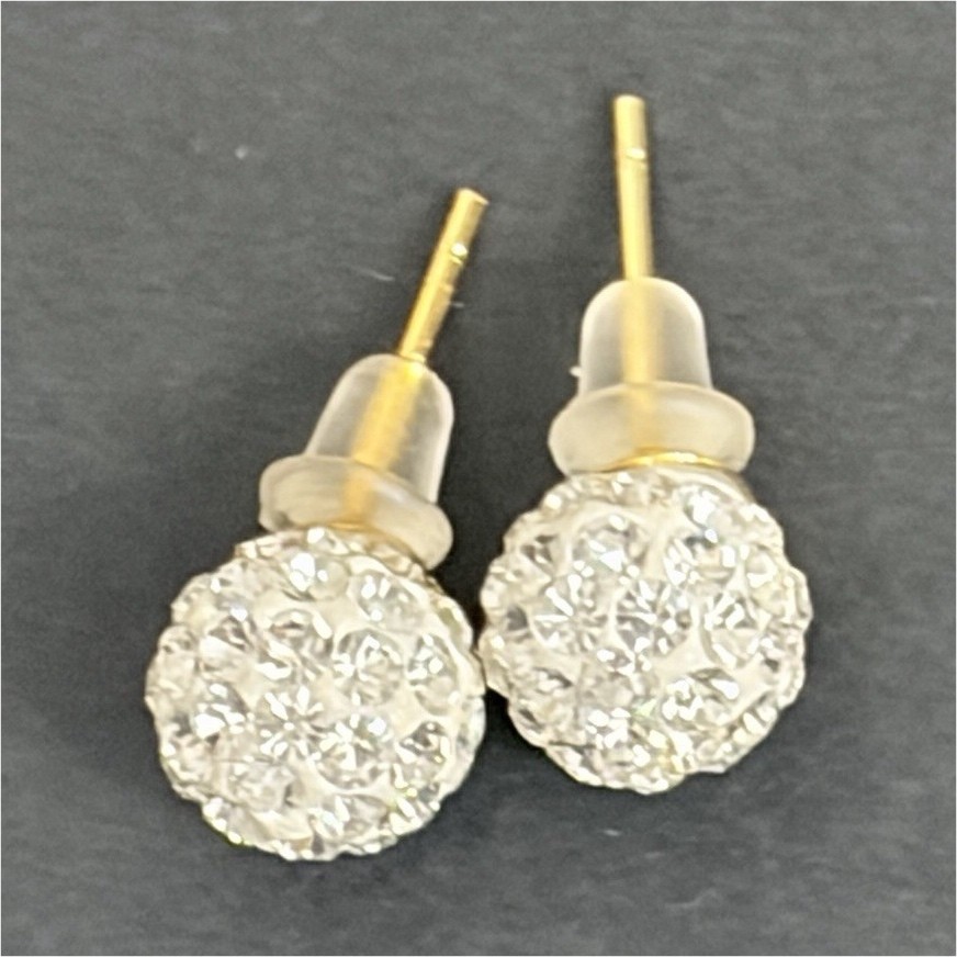 925 Gold Plated Clear Crystal Pavé Round Ball Stud Earrings Butterfly Back Pair