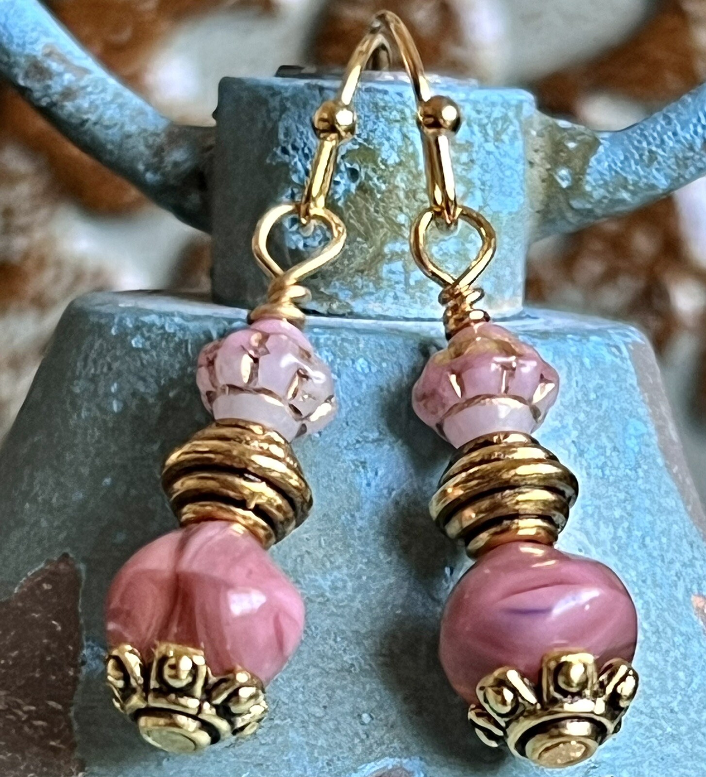 Etched Gold and Pink Picasso Bead Dangle Earrings. Boho Chic