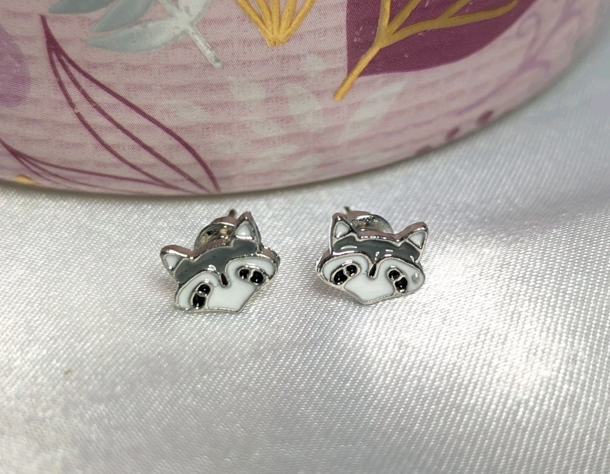 NEW Earrings White Gray Raccoon 🦝Sterling Silver Studs Painted Fashion Earrings