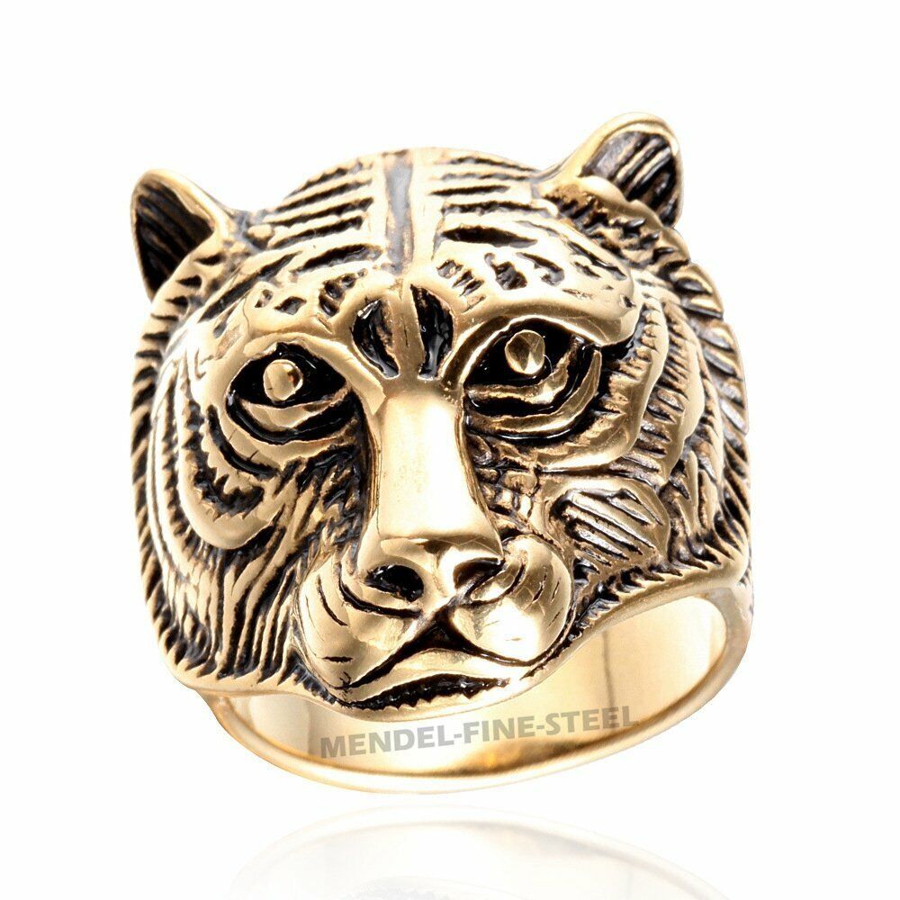 MENDEL Gold Plated Mens Animal Tiger Head Ring For Men Stainless Steel Size 7-14