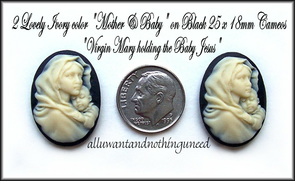 6 IVORY Color on BLACK Mother Holding Baby 25mm x 18mm Costume Jewelry CAMEOS