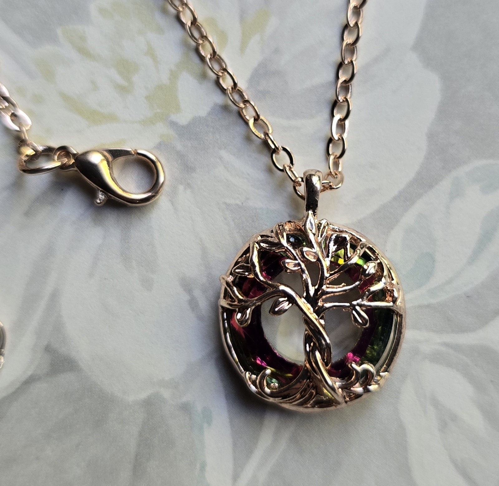 Copper-Rose Tree of Life – gnarled tree with crystal circle glass framing.