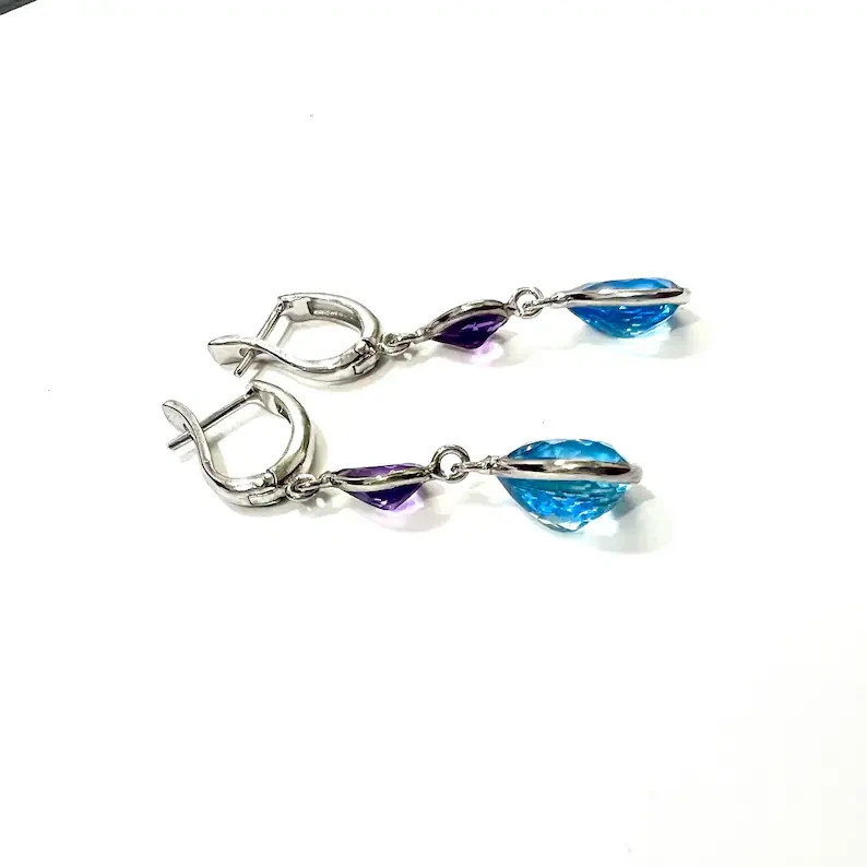 Blue Topaz Amethyst Earrings 925 Sterling Silver, Pear Teardrop Dangle Earrings